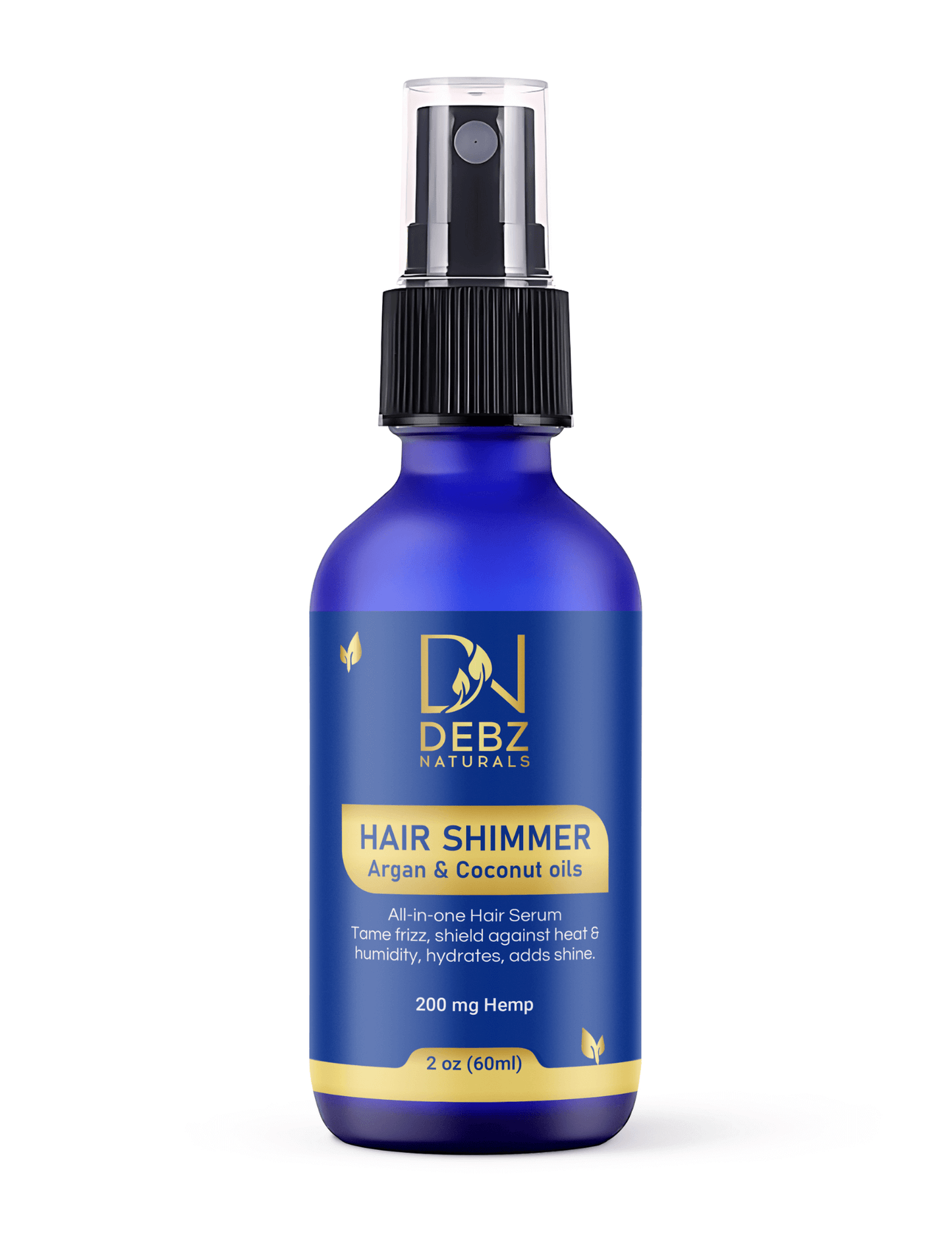 Debz Naturals Hair Shimmer All-in-One Hair Serum bottle with argan and coconut oils for hydration and shine.