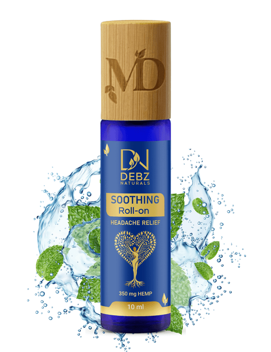 DEBZ NATURALS Soothing Roll-On for headache relief with 350 mg hemp in a travel-sized bottle.