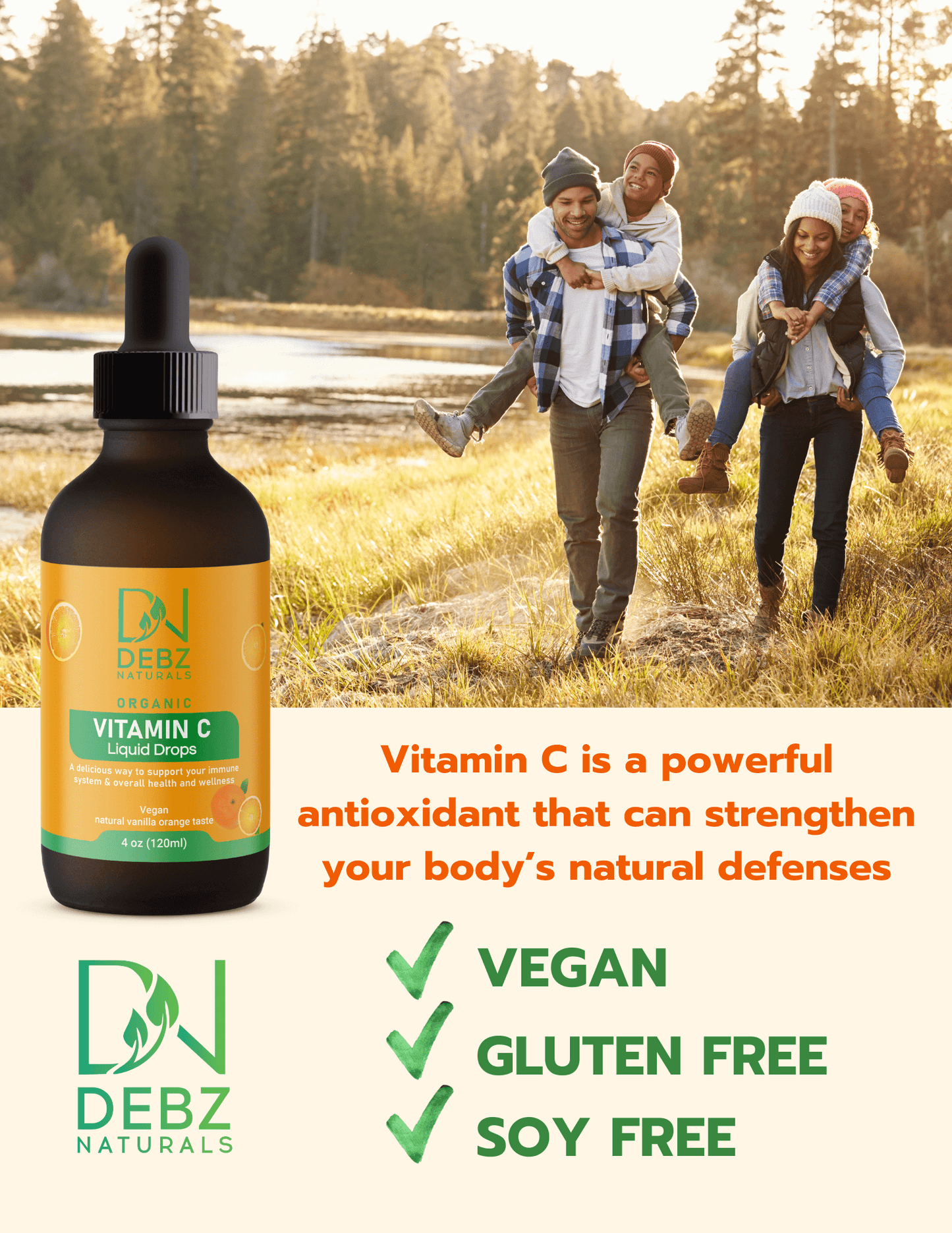 VITAMIN C LIQUID DROPS by Debz Naturals, a vegan and gluten-free supplement supporting immune health.