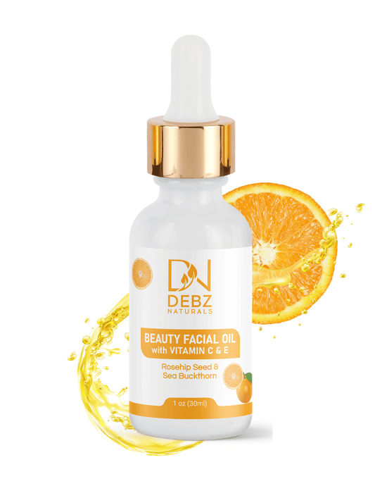 DEBZ NATURALS Beauty Facial Oil with Vitamin C & E, promoting hydration and glowing skin, infused with rosehip seed and sea buckthorn.